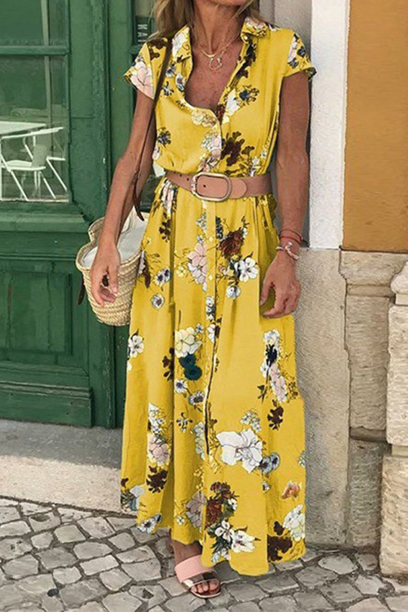 Robe Maxi Boucle Floral Décontracté Col Rabattu Ceinture