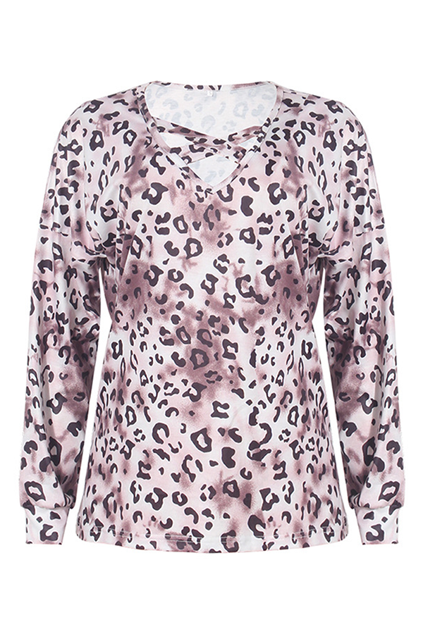 Casual Leopard Hollowed Out Split Joint V Neck Tops(3 colors)