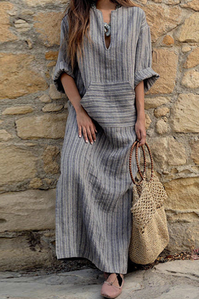 Casual Striped Patchwork V Neck Straight Dresses(3 Colors)