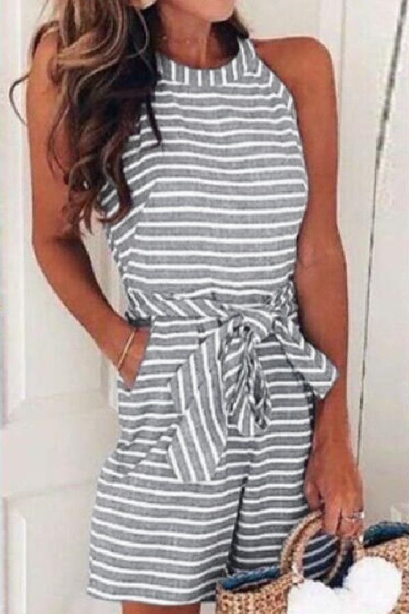 Casual Patchwork Bandage With Belt O Neck Loose Jumpsuits