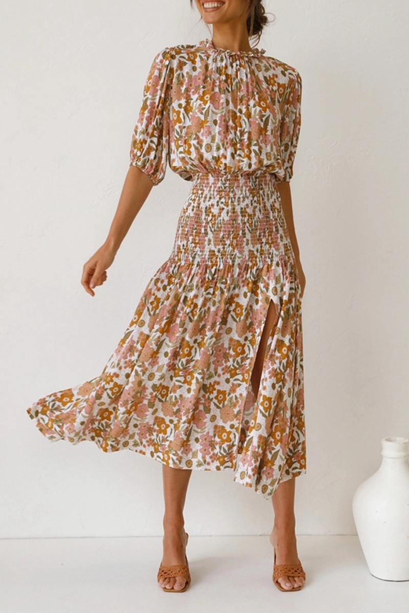 Robe Midi Fleurie Froncée Taille Fendue