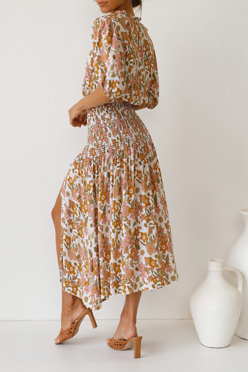 Robe Midi Fleurie Froncée Taille Fendue