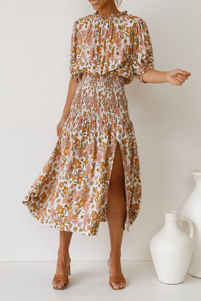 Robe Midi Fleurie Froncée Taille Fendue