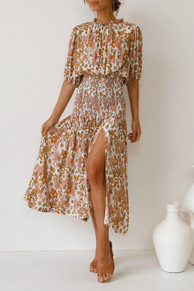 Robe Midi Fleurie Froncée Taille Fendue