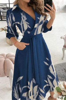 Fashion Print Split Joint V Neck Waist Skirt Dresses