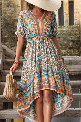 Fashion Print Split Joint V Neck Irregular Dress Dresses