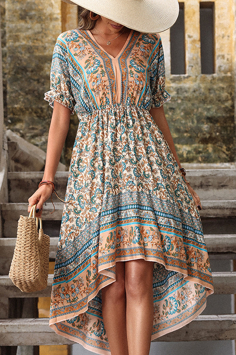 Fashion Print Split Joint V Neck Irregular Dress Dresses