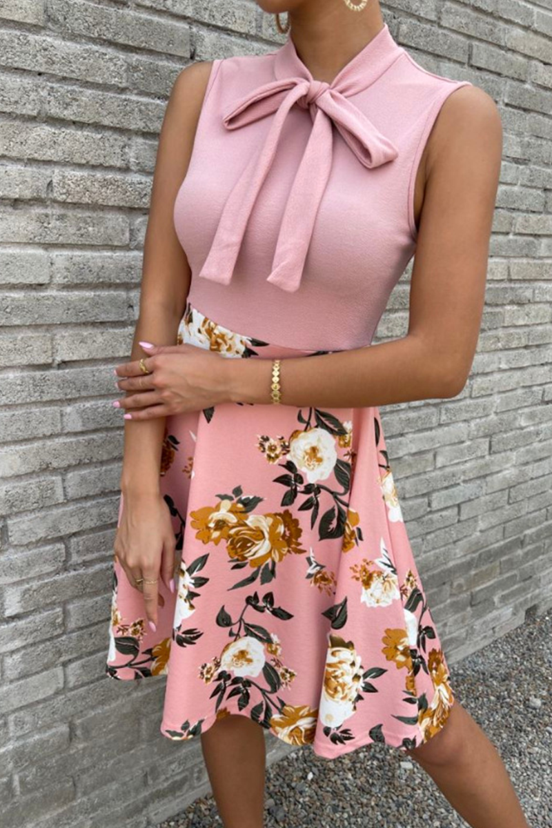 Fashion Print Bandage O Neck Cake Skirt Dresses(4 colors)