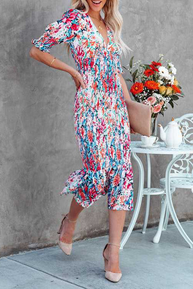 Fashion Print Split Joint V Neck Trumpet Mermaid Dresses