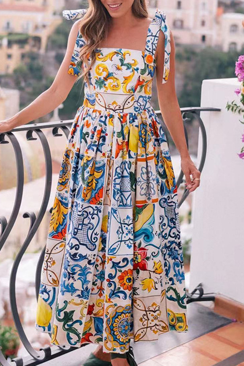 Fashion Print Bandage Spaghetti Strap Cake Skirt Dresses