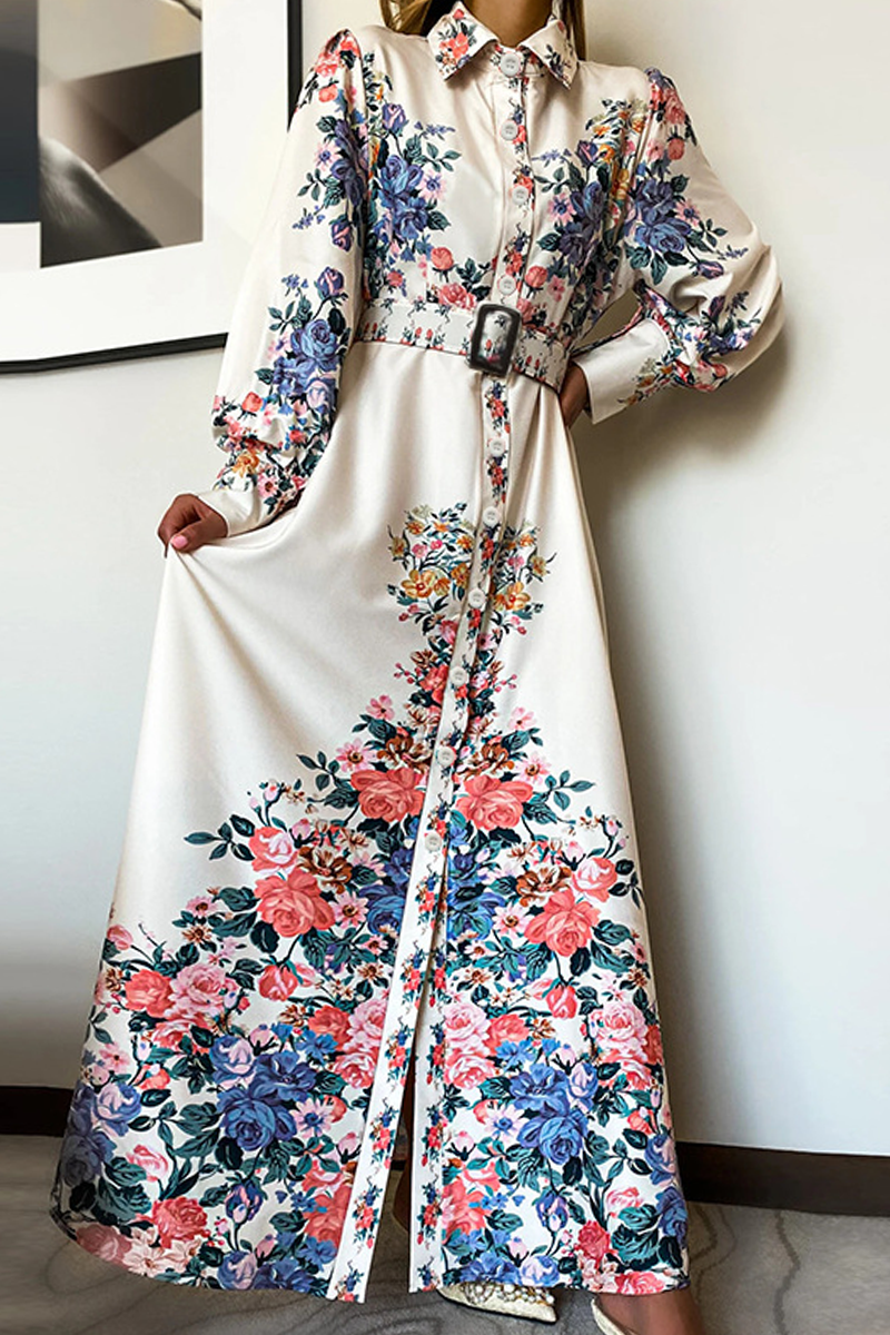 Casual Print Turndown Collar Waist Skirt Dresses