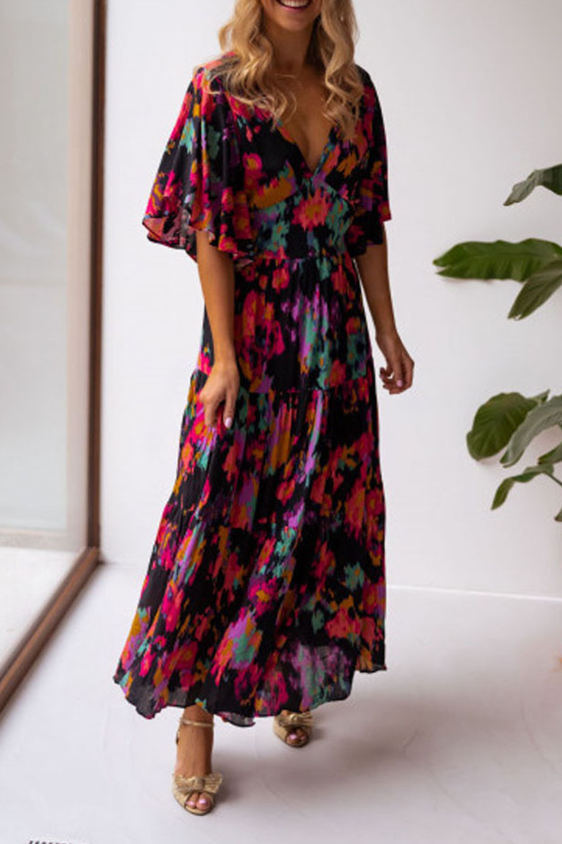 Robe Maxi Manches Longues Col en V Imprimé Floral