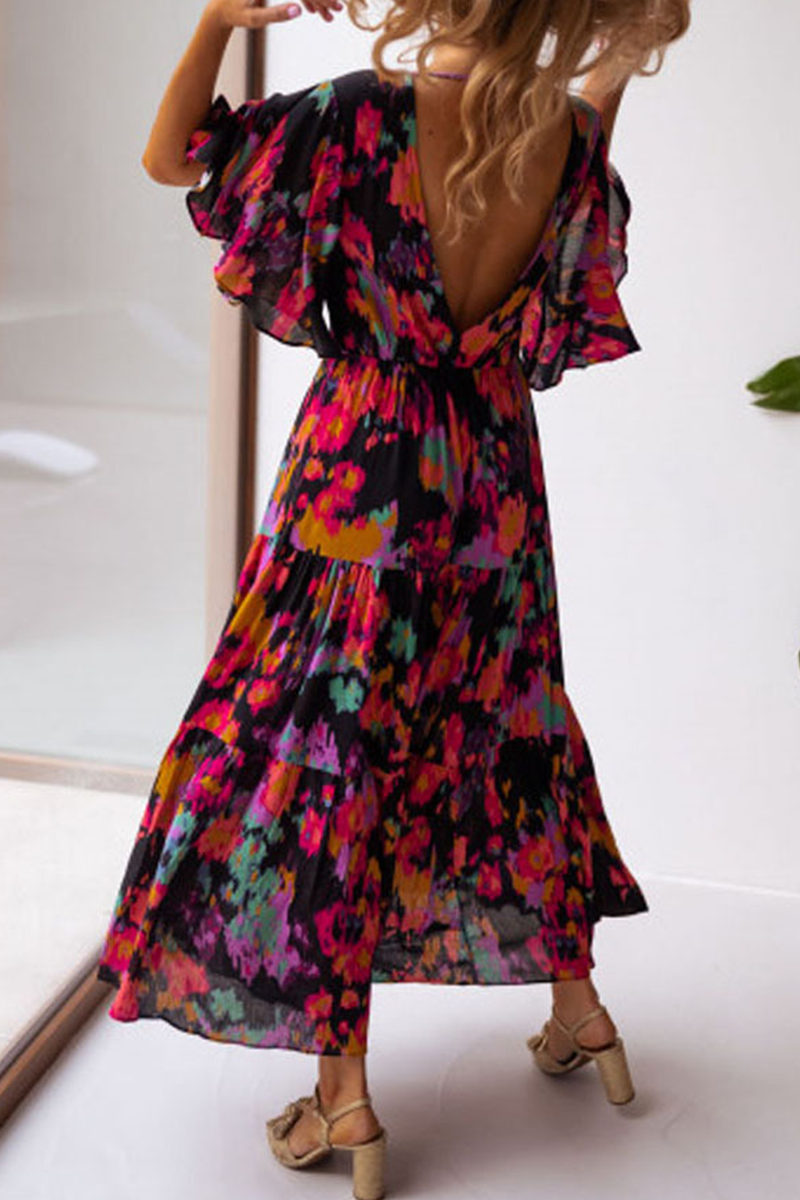 Robe Maxi Manches Longues Col en V Imprimé Floral