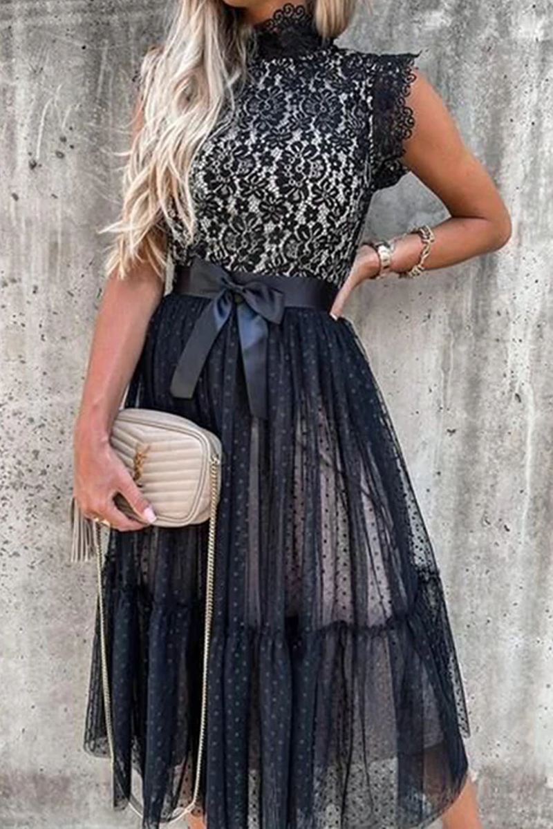 Casual Patchwork Lace Half A Turtleneck Mesh Dress Dresses