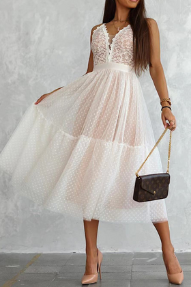 Casual Patchwork Lace Spaghetti Strap Cake Skirt Dresses