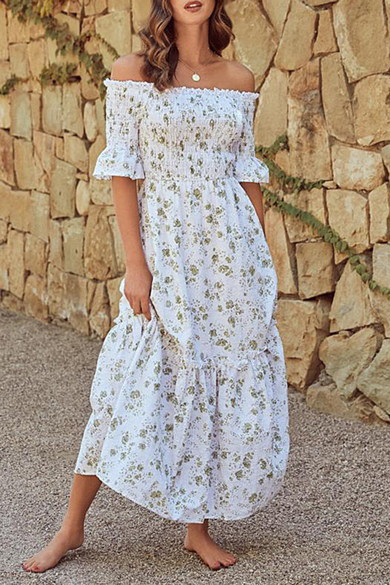 Robe Maxi Imprimé Floral Épaules Dénudées Manches Courtes