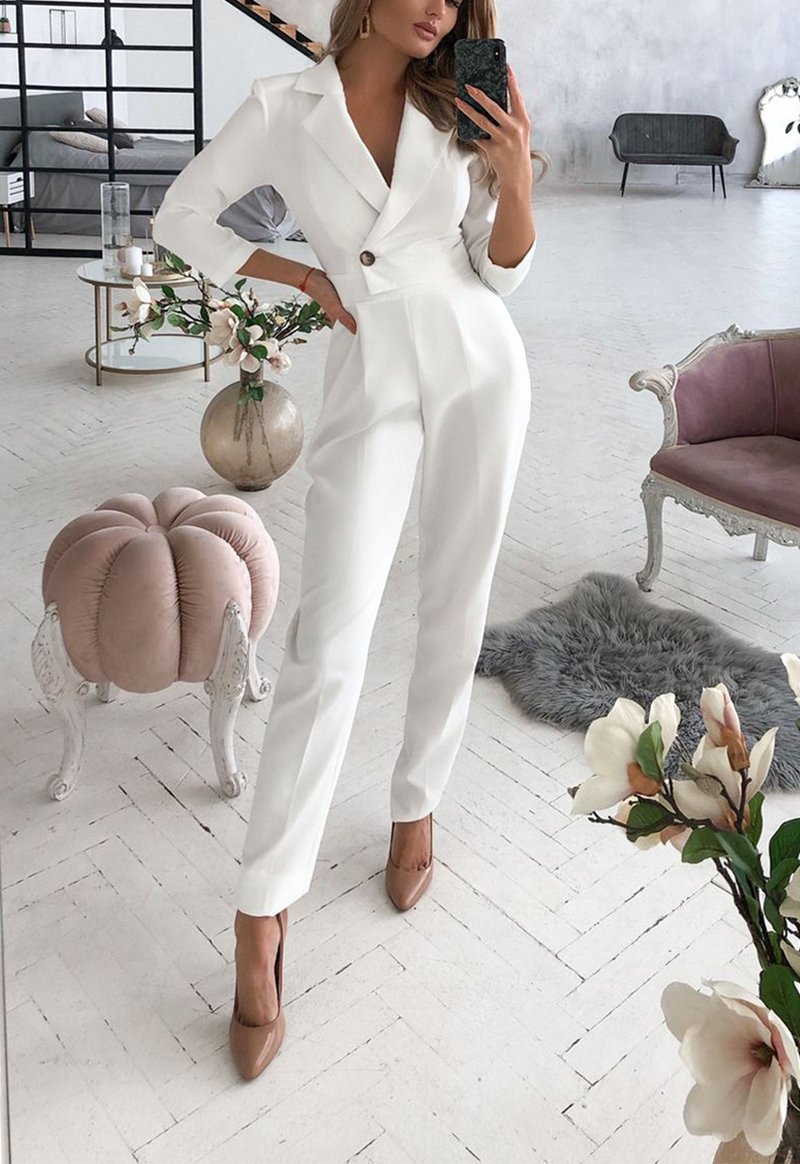 Fashion Solid Split Joint Turndown Collar Regular Jumpsuits