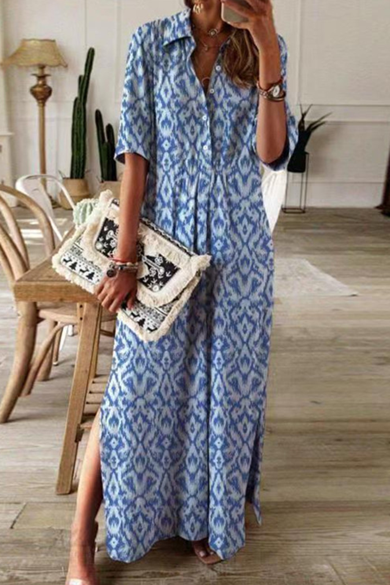 Casual Print Split Joint Turndown Collar Shirt Dress Dresses