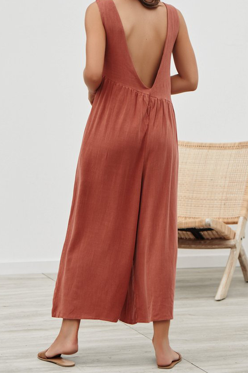 Casual Solid Split Joint O Neck Loose Jumpsuits