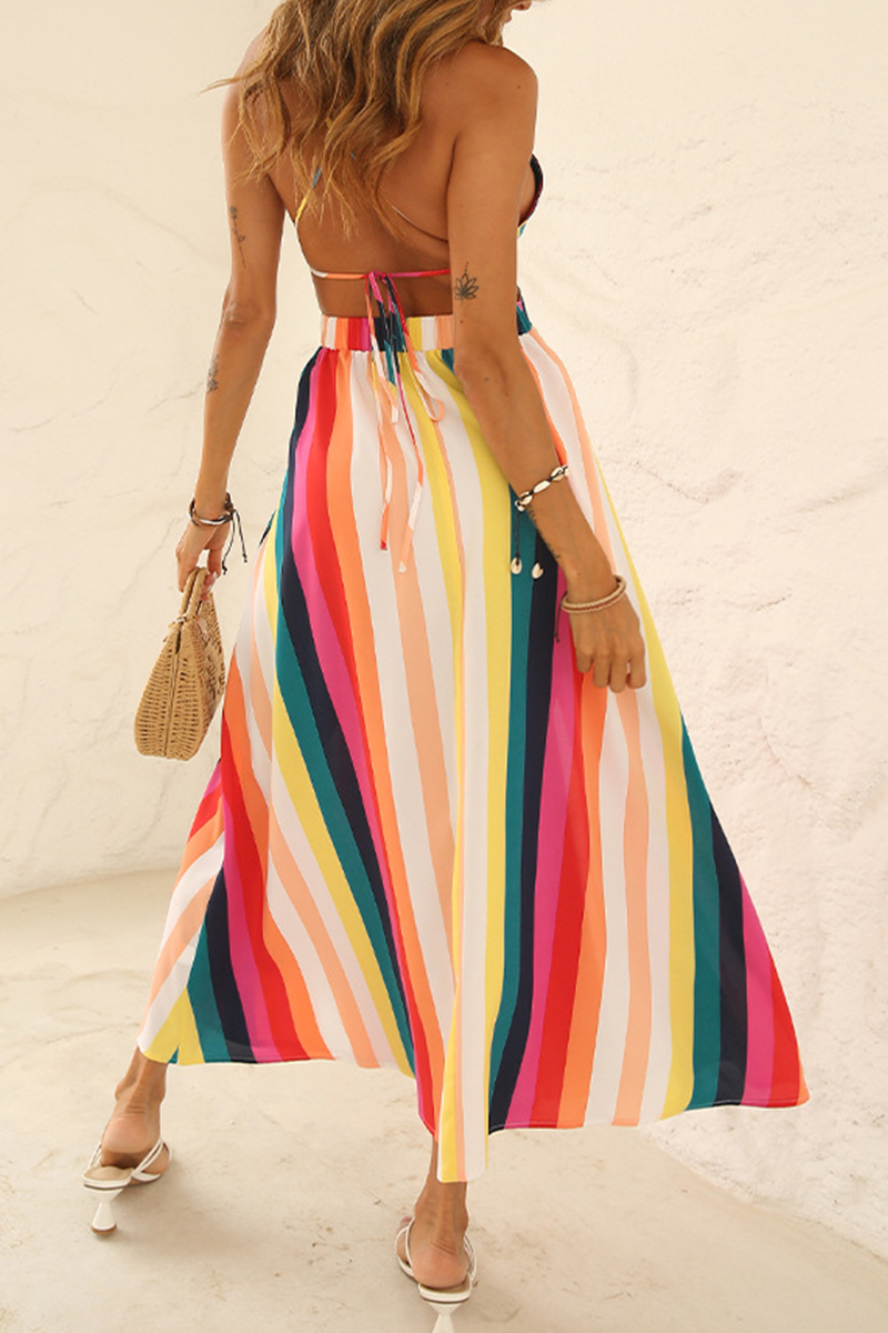 Street Striped Patchwork Spaghetti Strap Waist Skirt Dresses