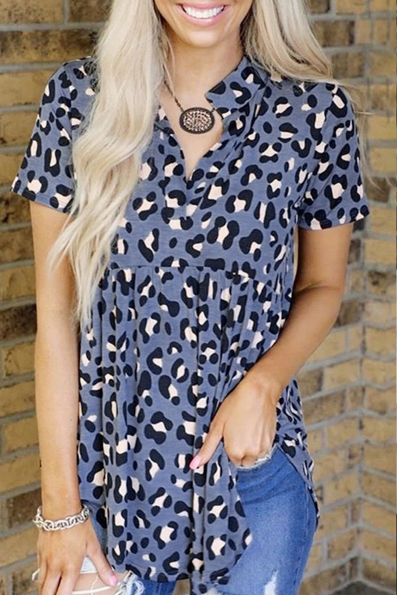 Casual Leopard Patchwork Turndown Collar T-Shirts