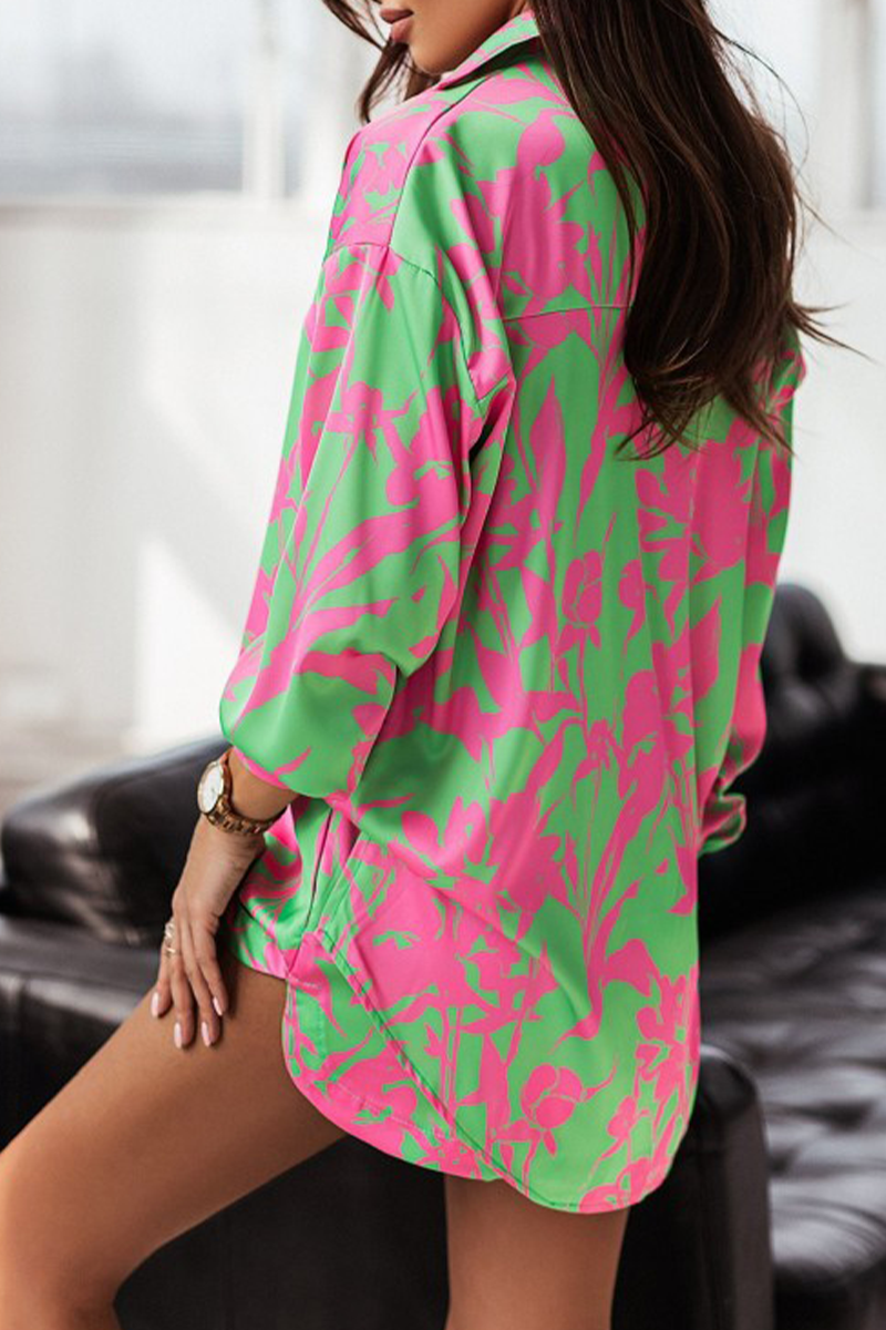 Casual Print Patchwork Turndown Collar Long Sleeve Two Pieces(6 colors)