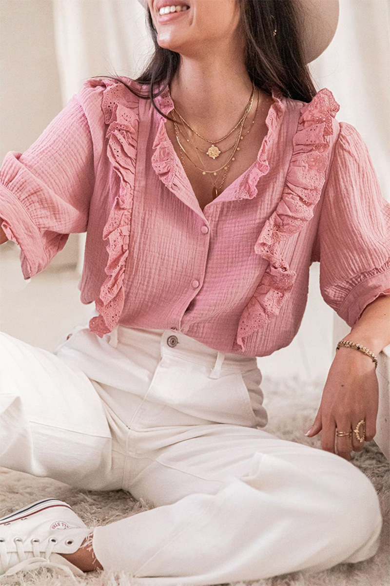 Casual Solid Lace Turndown Collar Tops