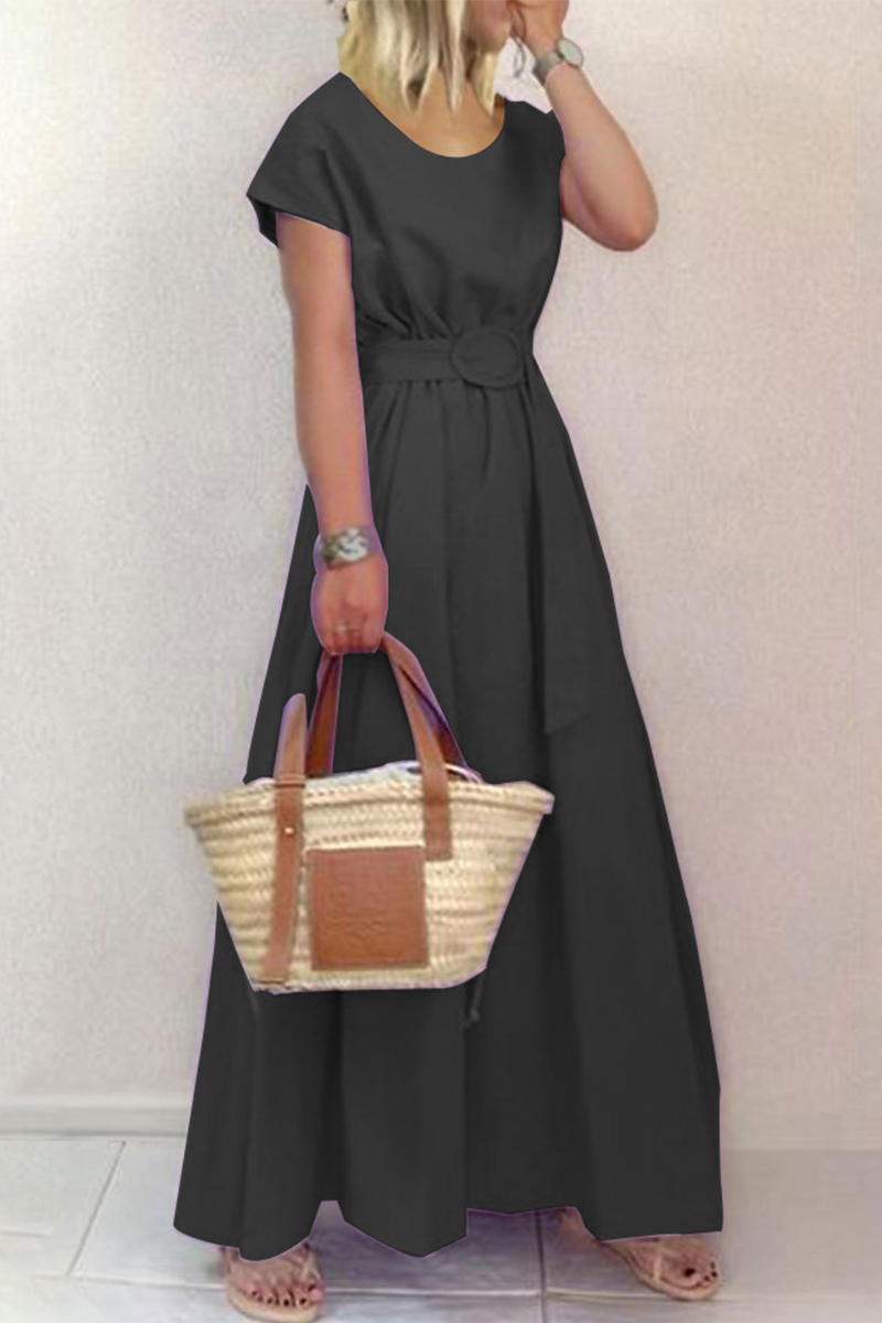 Fashion Solid Patchwork O Neck Waist Skirt Dresses(6 colors)