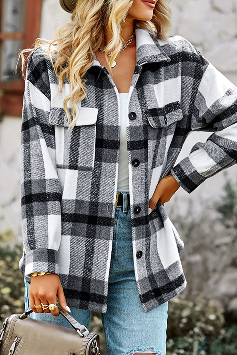 Casual Plaid Patchwork Turndown Collar Tops