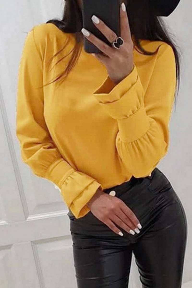 Casual Solid Flounce O Neck Tops