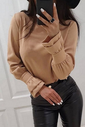 Casual Solid Flounce O Neck Tops