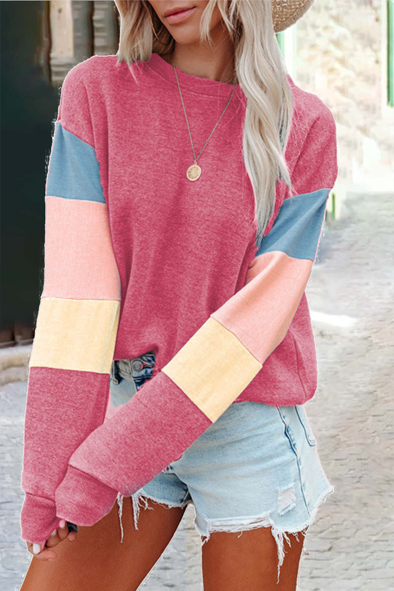 Street Solid Patchwork O Neck Tops(3 Colors)