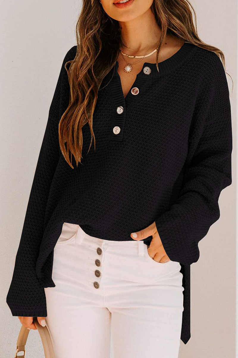 Casual Solid Buckle V Neck Sweaters(4 Colors)