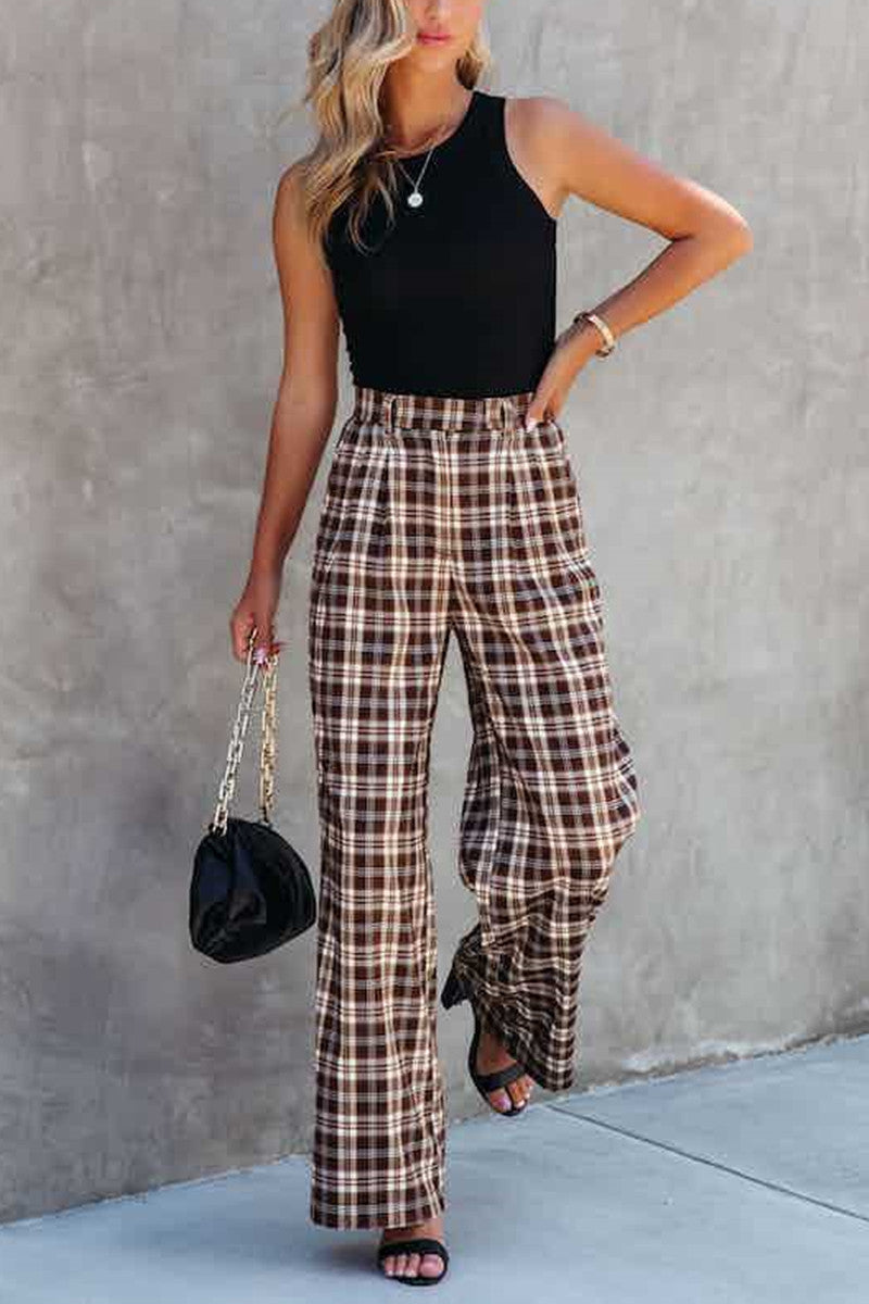 Fashion Plaid Straight High Waist Wide Leg Bottoms