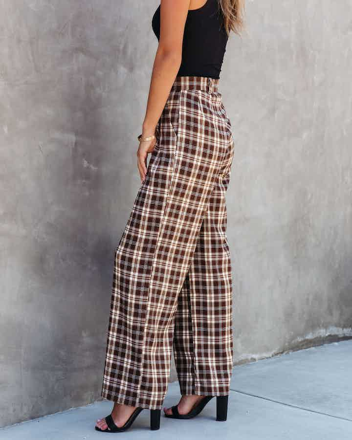 Fashion Plaid Straight High Waist Wide Leg Bottoms