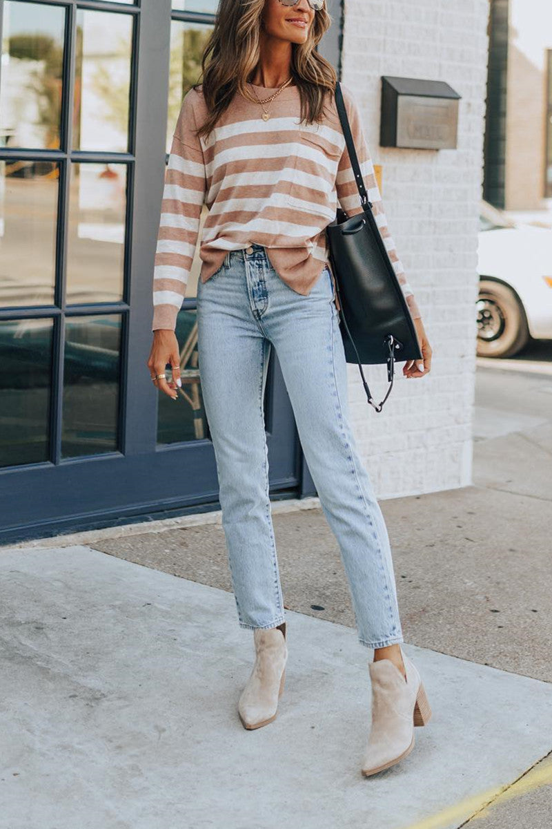 Casual Striped O Neck Tops