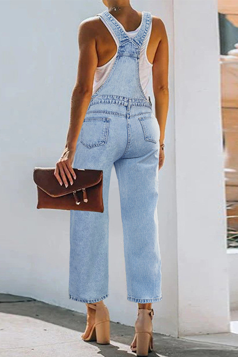 Casual Solid Ripped Patchwork Slit Spaghetti Strap Sleeveless Regular Denim Jumpsuits