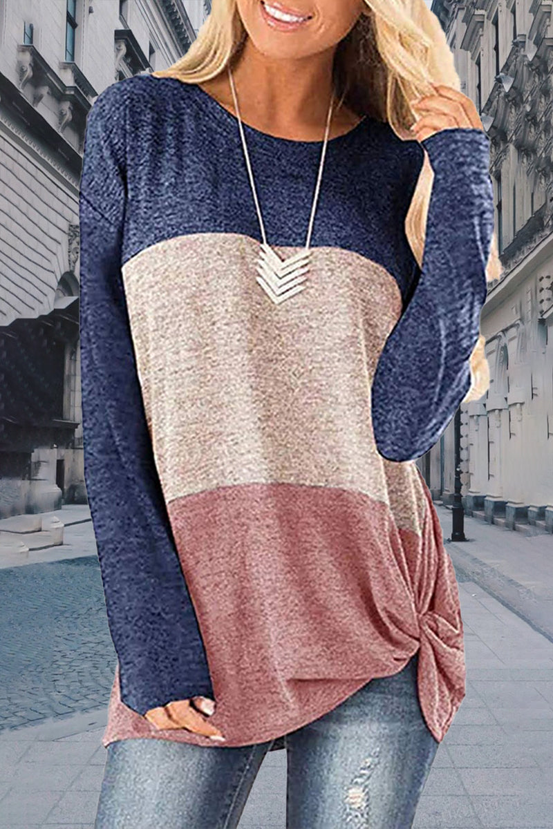 Casual Patchwork Contrast O Neck Tops(5 Colors)