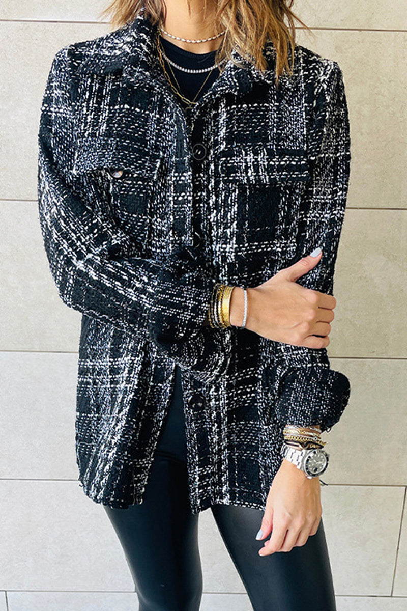 Elegant Plaid Buttons Turndown Collar Outerwear