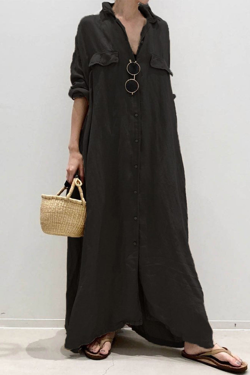 Street Solid Buckle Turndown Collar A Line Dresses