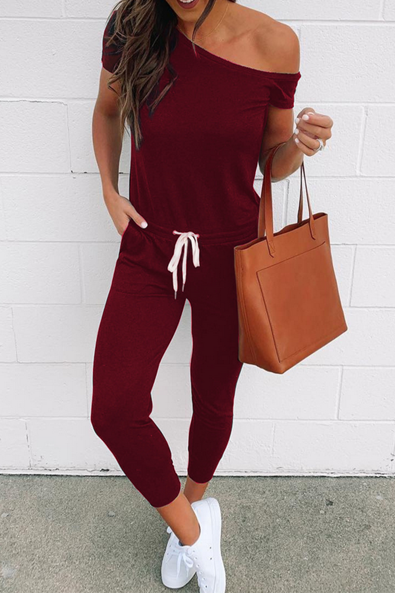 Casual Solid Draw String One Shoulder Skinny Jumpsuits