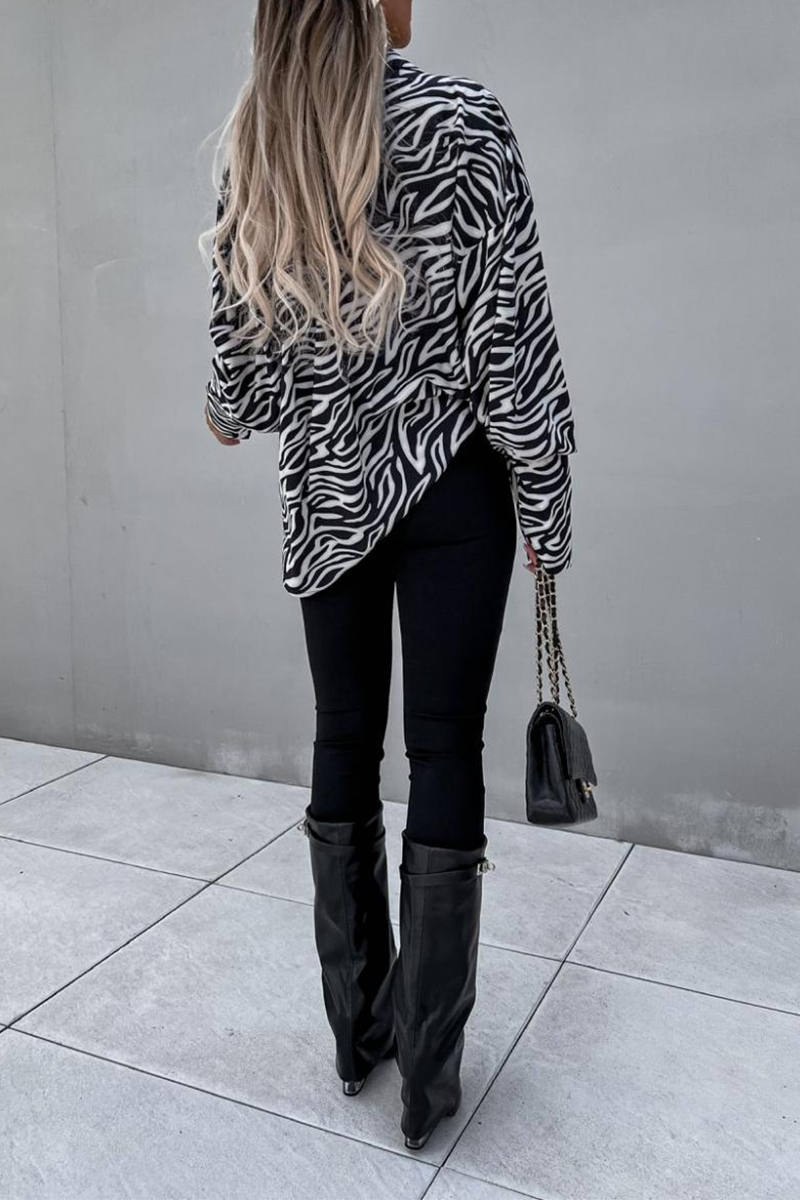 Street Animal Print Patchwork Turndown Collar Tops