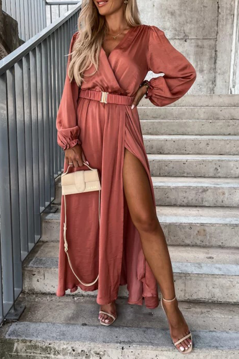 Casual Solid Slit V Neck Waist Skirt Dresses