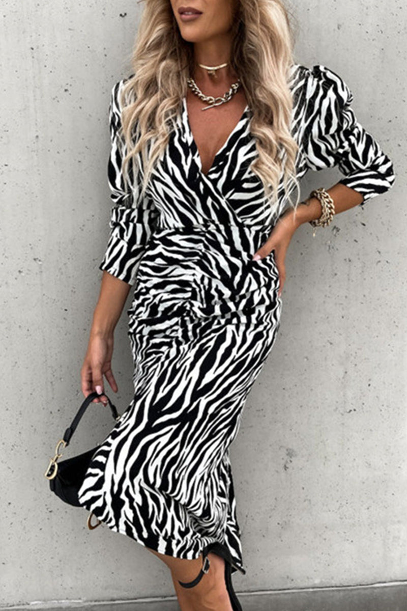 Work Elegant Printing V Neck Irregular Dress Dresses