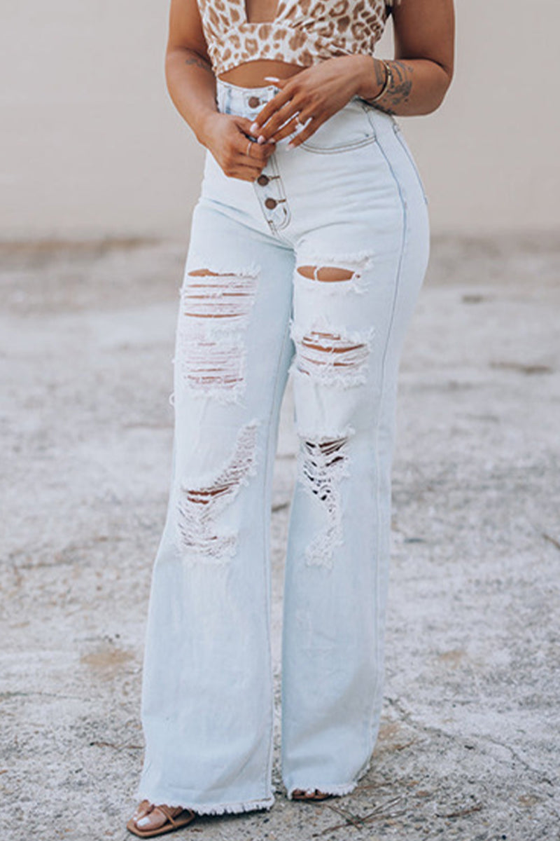 Street Patchwork Ripped Buckle High Waist Straight Denim Jeans