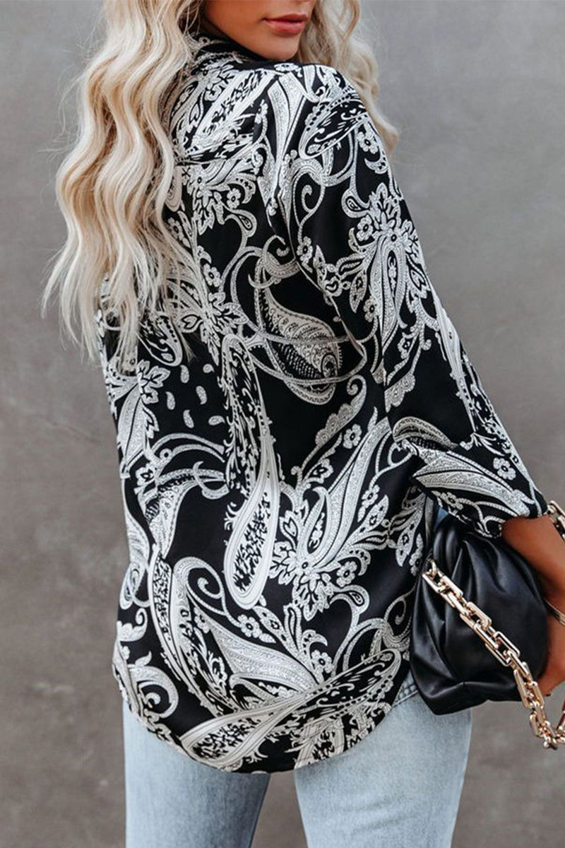 Bohemian Print Patchwork Printing Turndown Collar Tops