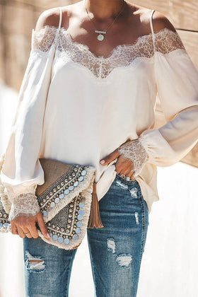 Sexy Solid Lace Patchwork V Neck Tops