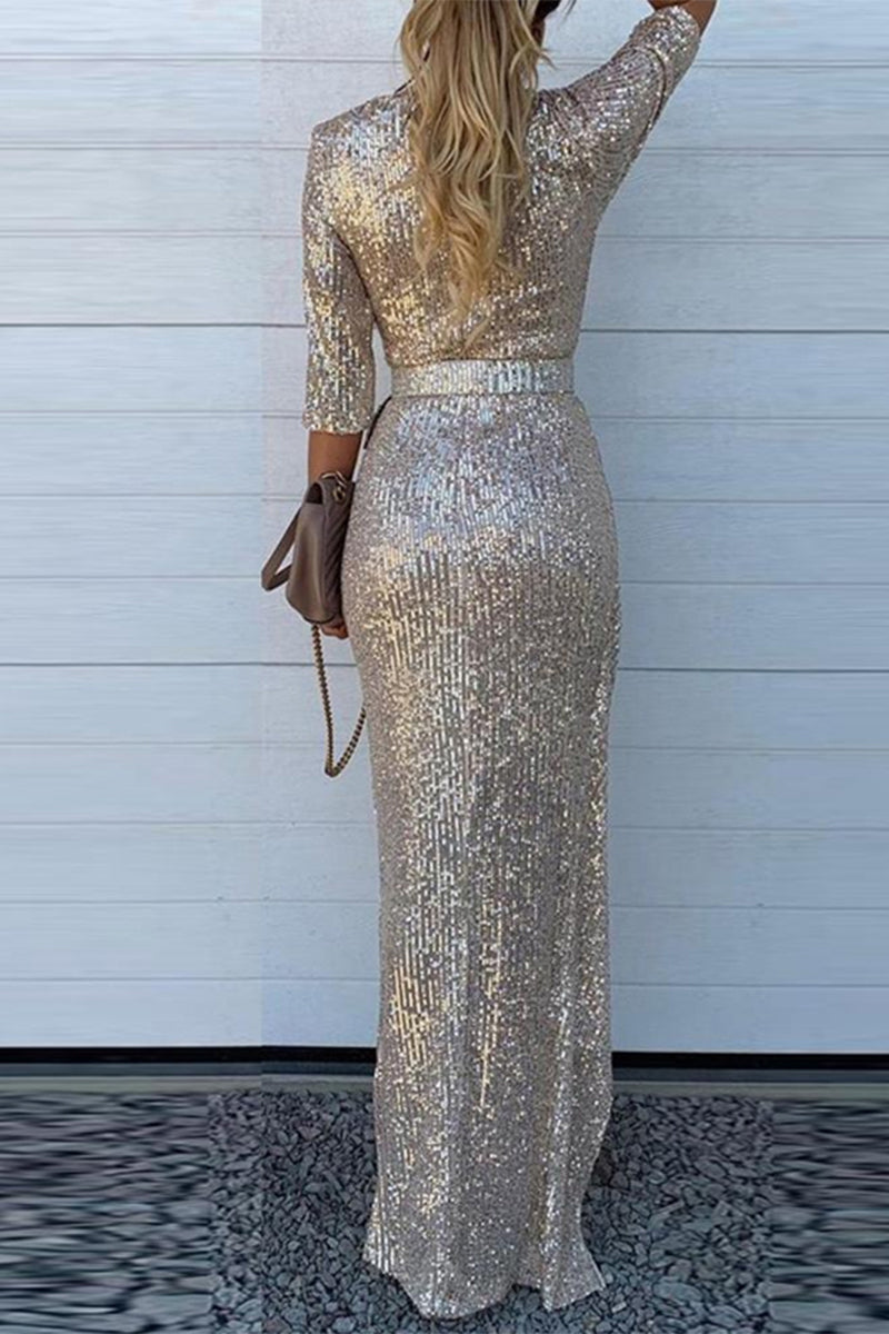 Casual Solid Sequins V Neck A Line Dresses