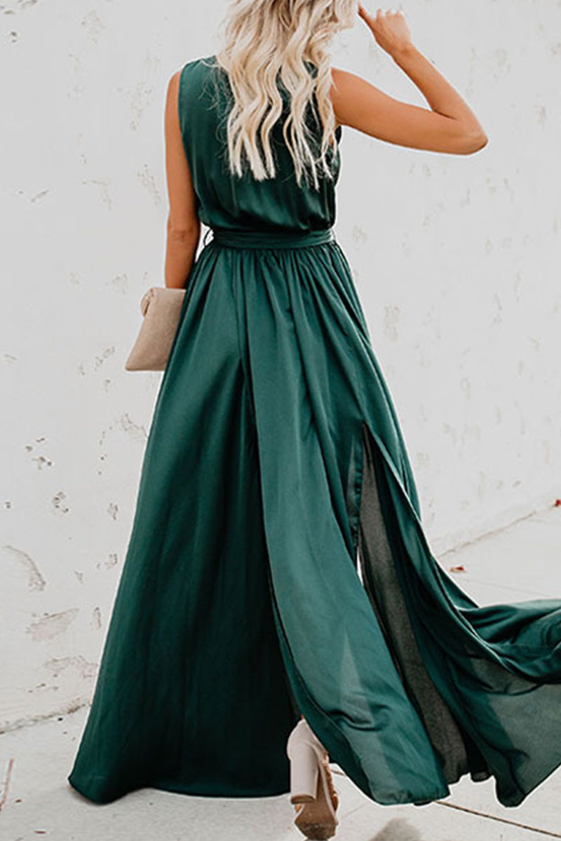 Elegant Solid High Opening V Neck Sleeveless Dress Dresses