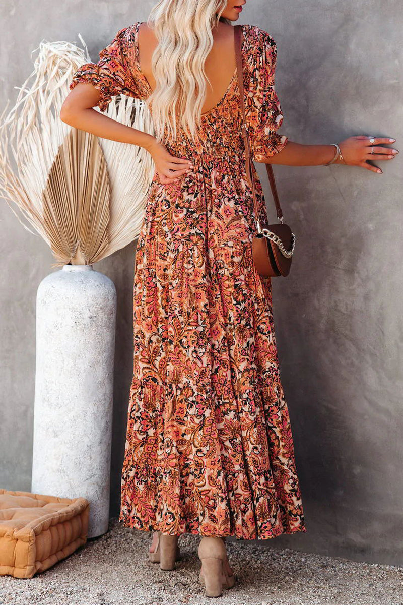 Sweet Elegant Print Patchwork Backless U Neck A Line Dresses